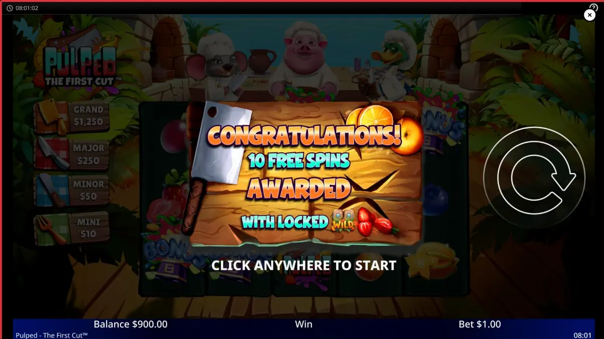 Pulped: The First Cut slot game interface featuring tropical kitchen theme